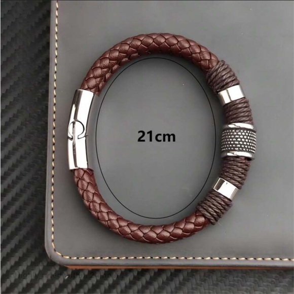 BROWN STAINLESS STEEL LEATHER BRACELET SILVER AND BROWN - Picture 5 of 5